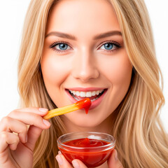 Smiling Blonde Enjoying Ketchup-Dipped French Fry