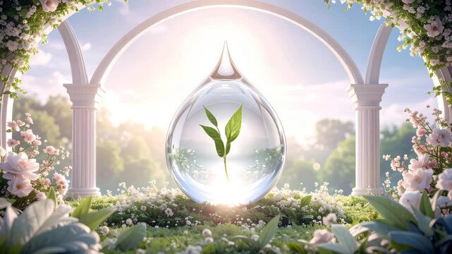 Water drop on green sprout, garden arch. Growth, purity.