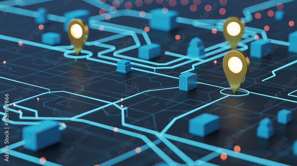 Poster digital mapping and location pins: a modern and dynamic depiction of a digital map, with shimmering 