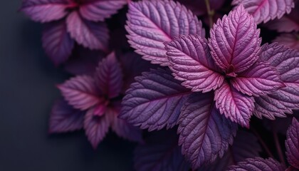 Overhead perspective purple foliage wallpaper. Lilac leaves with veins, magenta tones in the garden. Floral botany composition with a top view on violet leafage display.
