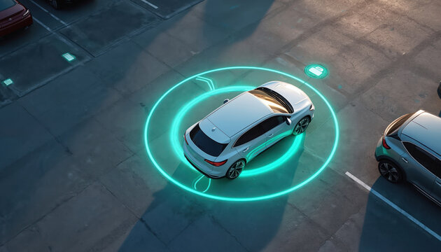Illustration shows wireless charging parking lot with autonomous electric car. Futuristic tech, inductive coils embedded. Modern automotive, smart city, digital transport tech.