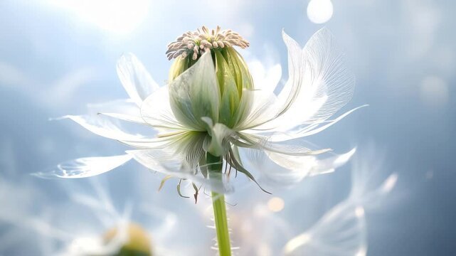 Ethereal flower unfolding in a dreamy, luminescent natural environment with soft bokeh