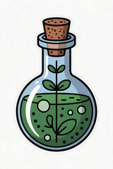 Green potion in a glass bottle, plant growing inside.
