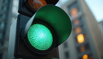 Close-up of urban traffic light with green signal lit up. Signal lights guide cars on city roads. Safety concept, stop, go regulation, transportation, vehicle control, street signage. Clear green