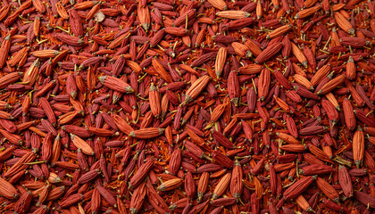 Red chili seeds scattered on textured surface in natural light  