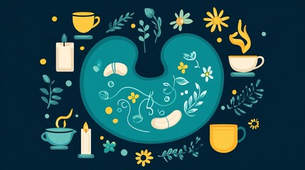 Naklejka premium Relaxing symbols surround a calming stomach, featuring tea, candles, and floral designs at home