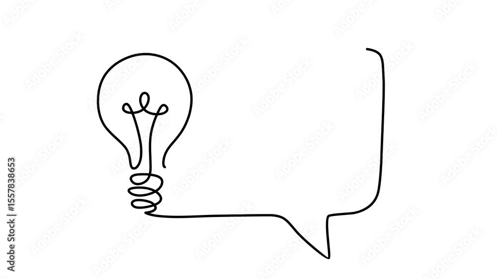 Poster animated self drawing of continuous line draw light bulb and speech bubble. full length one line ani