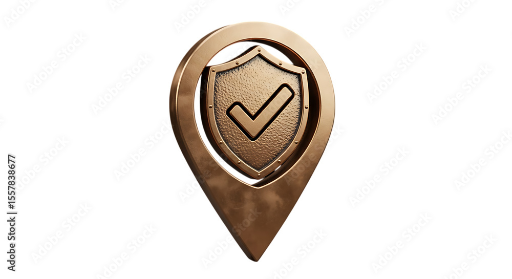 Poster bronze location pin with shield and check mark isolated on transparent background