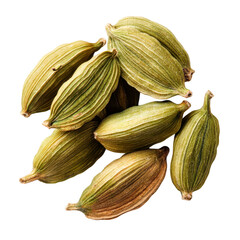 Green cardamom pods spice fragrant aroma flavoring culinary ingredient, isolated on transparent background, perfect cutout, PNG