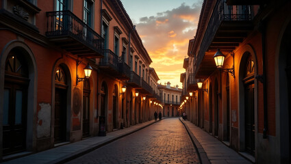 Obraz premium Old street with brick buildings and warm street lamps.