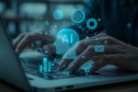 AI agent supporting business processes with automation technology. Generative artificial intelligence analyzing data and predicting future. Businessman using laptop computer. 