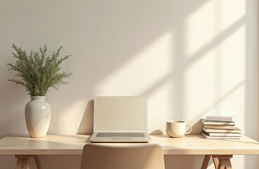 Neutral home office desk setup. Laptop, vase with plant, coffee mug, stacked books on wooden table. Clean, minimalist interior, bright sunlight. Modern workspace, productivity. Earth tone palette.