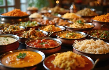 Indian feast with many different dishes on table. Traditional cookery with rice, curry, vegetable, soup, snacks. Healthy delicious dinner in restaurant.
