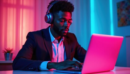 Focused black businessman working on laptop with headphones in vibrant pink and blue lighting. Pro man in suit uses technology, digital device online. Corporate business, modern tech office.
