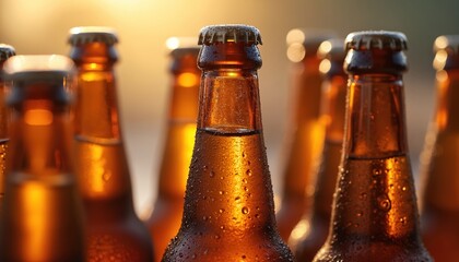 Close-up beer bottles, water drops, golden beverage, refreshing. Cold lager, craft ales. Perfect for pub, bar, restaurant, brewery, celebration, party advertising. Enjoy drinking tasty alcoholic beer
