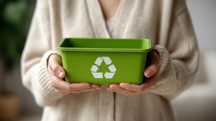 Woman in neutral cardigan holding bright green reusable bag