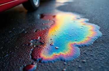 Colorful gasoline stain on wet asphalt. Rainbow oil spill caused by a car leak. Abstract background with grunge texture, water drops. Pollution, industrial disaster, environment problem.