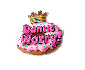 A whimsical doughnut with pink icing and sprinkles, topped with a golden crown, featuring the playful text 'Donut Worry!'