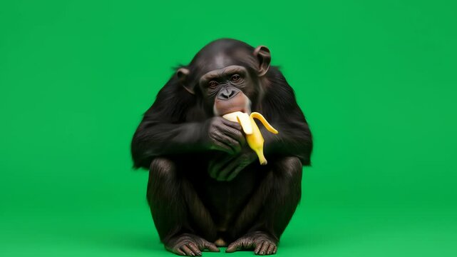 A chimpanzee sits  holds a peeled banana A bright green background is used