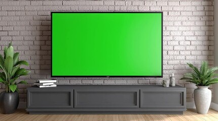 Television set with a chroma scale green screen in a modern living room ready to enter your own series, movie, ad, music video and more.