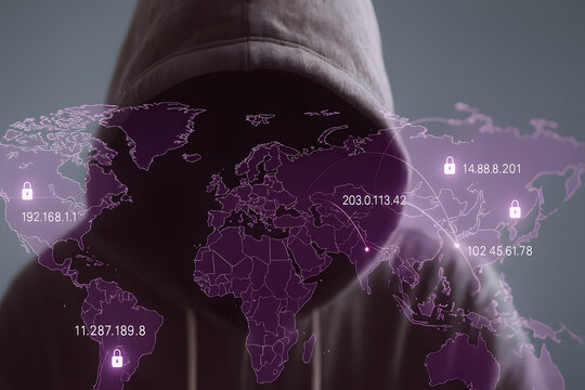 Cyber Security Threat: Anonymous hooded hacker looming over digital world map, embodying the growing threat of global cyber attacks and data breaches.