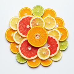 Fototapeta premium Colorful citrus fruit slices arranged in a circle isolated on white