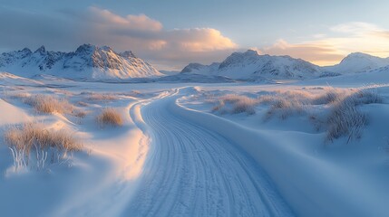 Snowy mountain landscape with winding path