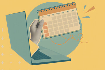 Digital Planner: An illustrated scene depicts a person interacting with a laptop and calendar, symbolizing scheduling and time management in a contemporary digital environment.