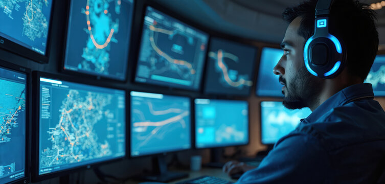 Air traffic controller at work, monitoring computer screens. Man wearing headset communicating, controlling air traffic. Aviation, aerodrome tech, communication, cockpit, workplace, responsibility,