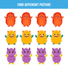 Find different monster each row. Logical game for kids. Cartoon monster. Flat illustration. 