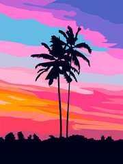 Silhouette of palm trees against sunset. Vector illustration depicting silhouettes of two palm trees against the sky at sunset, filled with vibrant tropical colors to decorate your designs 