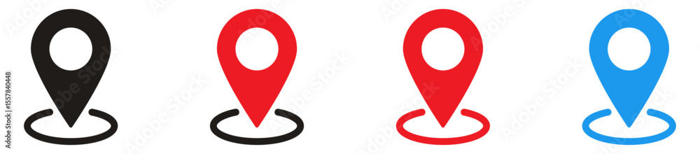 Poster location icon, map pin icons in outline, black, and red styles. for maps, gps, navigation apps, loca