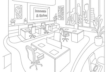 Modern office space with desks and computers.
