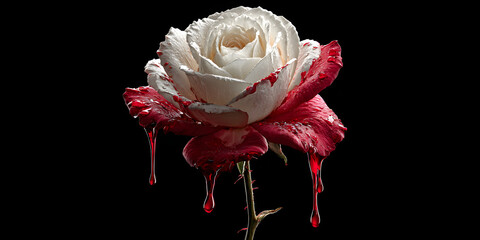 Bleeding Rose: A captivating macro shot captures a pristine white and crimson rose with a unique twist, evoking feelings of both beauty and intrigue in its elegant and dramatic composition.