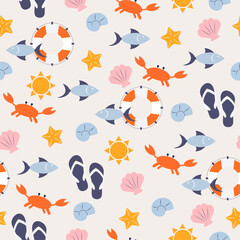 Seamless cozy pattern with cute colorful summer elements. Marine wallpaper in flat style. Background with shells, crabs and starfish