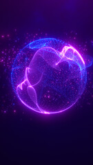 A glowing digital sphere made of neon pink and blue particles, suspended in deep space with radiant data points orbiting its form