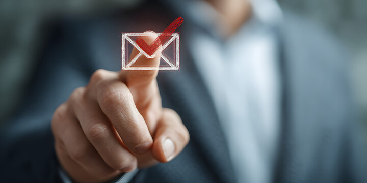 Email Approval: A professional hand interacts with a holographic email icon, illustrating the concept of confirmed communication, conveying trust, and assurance in the digital realm.