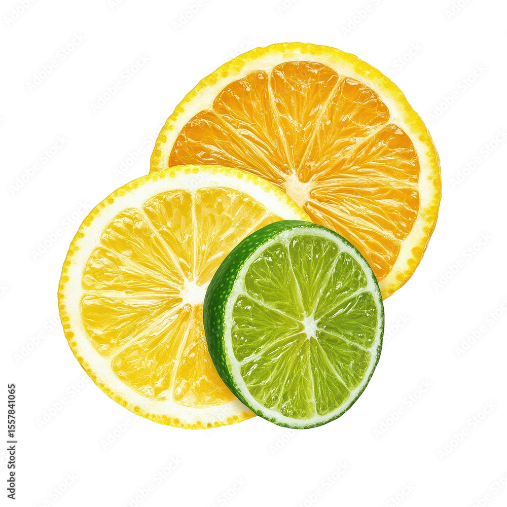 Poster freshly sliced lemon and lime halves on a clean transparent background for refreshing recipes and dr