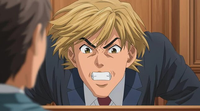 Anime courtroom scene with a judge banging the gavel while admonishing an attorney