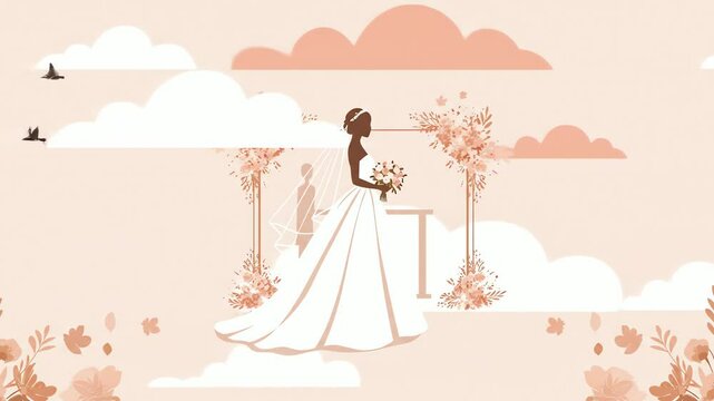 A bride holding a bouquet stands before a wedding archway amidst clouds and birds