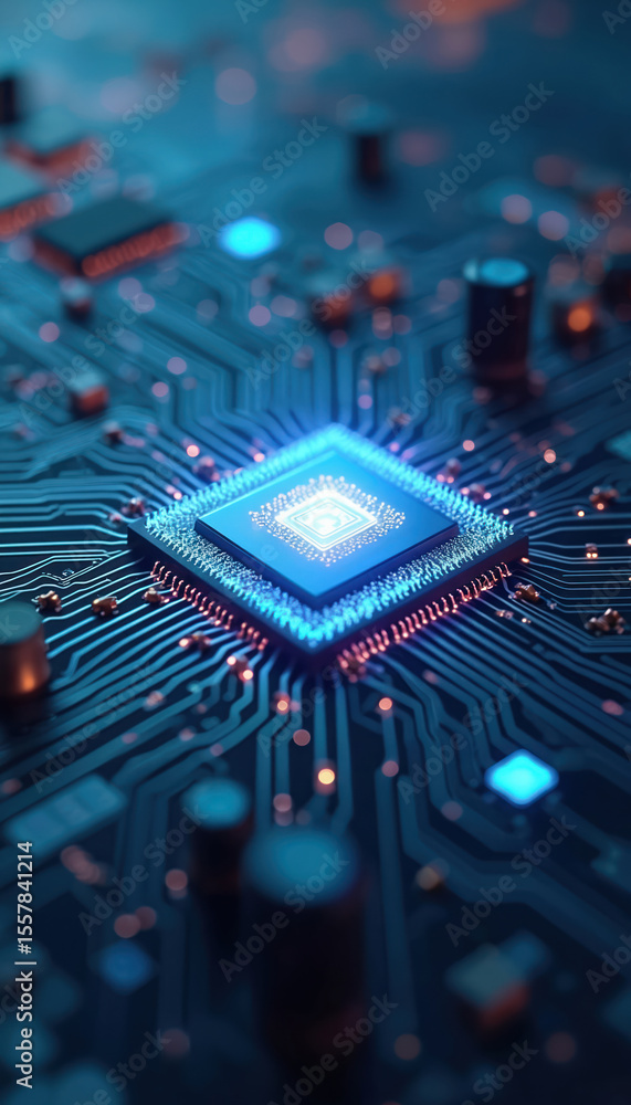 Poster futuristic digital tech background with central glowing processor chip, surrounded by complex circui