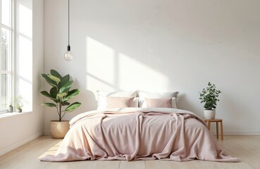 Cozy white bedroom with Scandinavian style. Bed with pink bedding. Interior design includes decor, wood floor, large window, natural light. Relaxing place for sleep, rest in stylish modern home.
