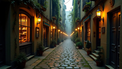 Narrow alley with cobblestone and cozy lighting.