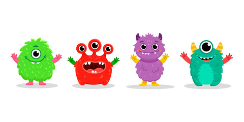 set of cartoon monsters. Cute monster in flat style. Kids funny character design for posters, cards, magazins. 
