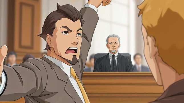 Anime courtroom scene with defense attorney questioning witness in front of judge and jury