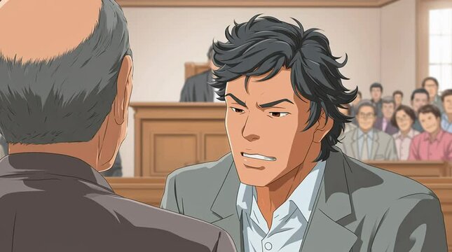Anime courtroom scene with defense attorney questioning witness in front of judge and jury