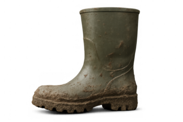Green rubber boots with mud-covered surface, resting against clean background, highlighting rugged work-ready footwear