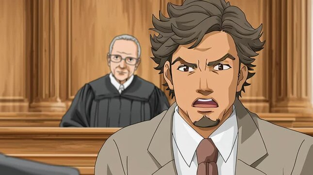 Anime courtroom scene with defense attorney questioning witness in front of judge and jury