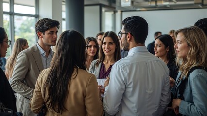 A group of people from different ethnic backgrounds conversing at a networking event,woman,office,meeting