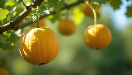 Close-up of yellow-orange melons hanging on tree branch. Fruits growing outdoors in orchard. Agricultural farming. Harvest season. Healthy fresh vegetarian food. Summer sunny day. Gardening,